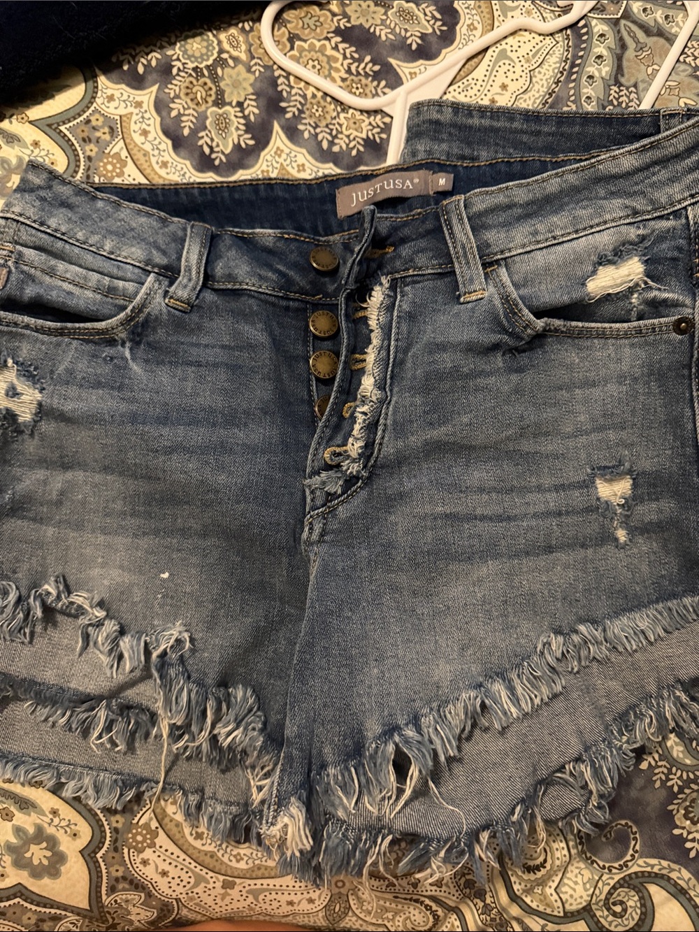 Just USA Distressed Frayed Hem Denim Shorts - Blue